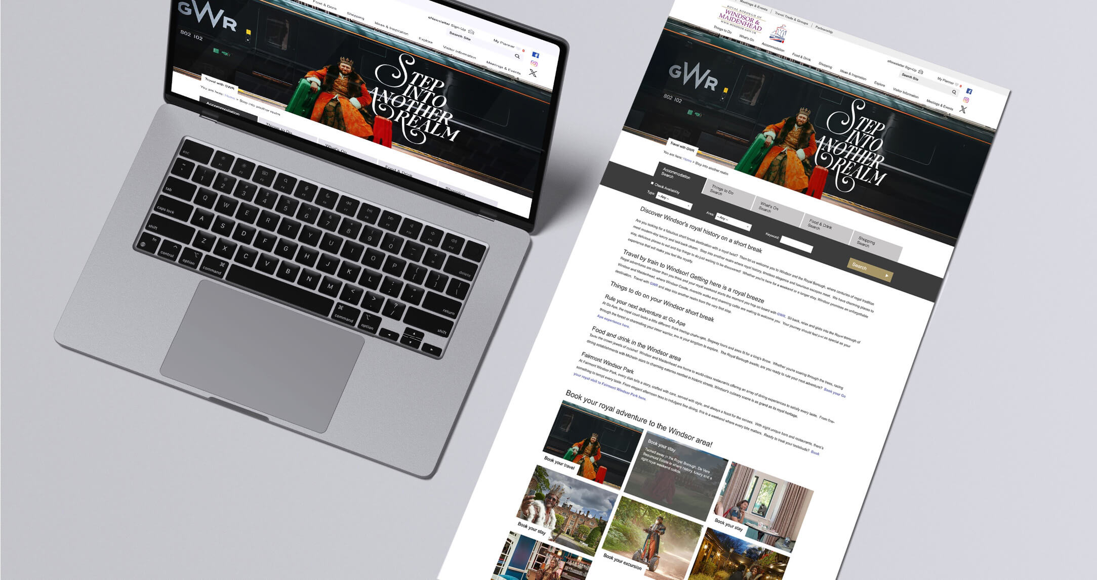 Step into another realm text image shown in situ on a website, flat website and on laptop.